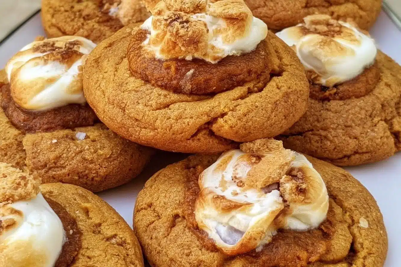 Delicious Pumpkin S’mores Cookies stacked on a plate with autumn decorations.