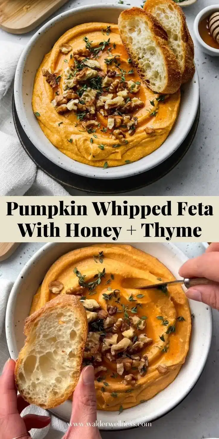 Creamy pumpkin whipped feta dip served in a bowl with herbs and crackers.
