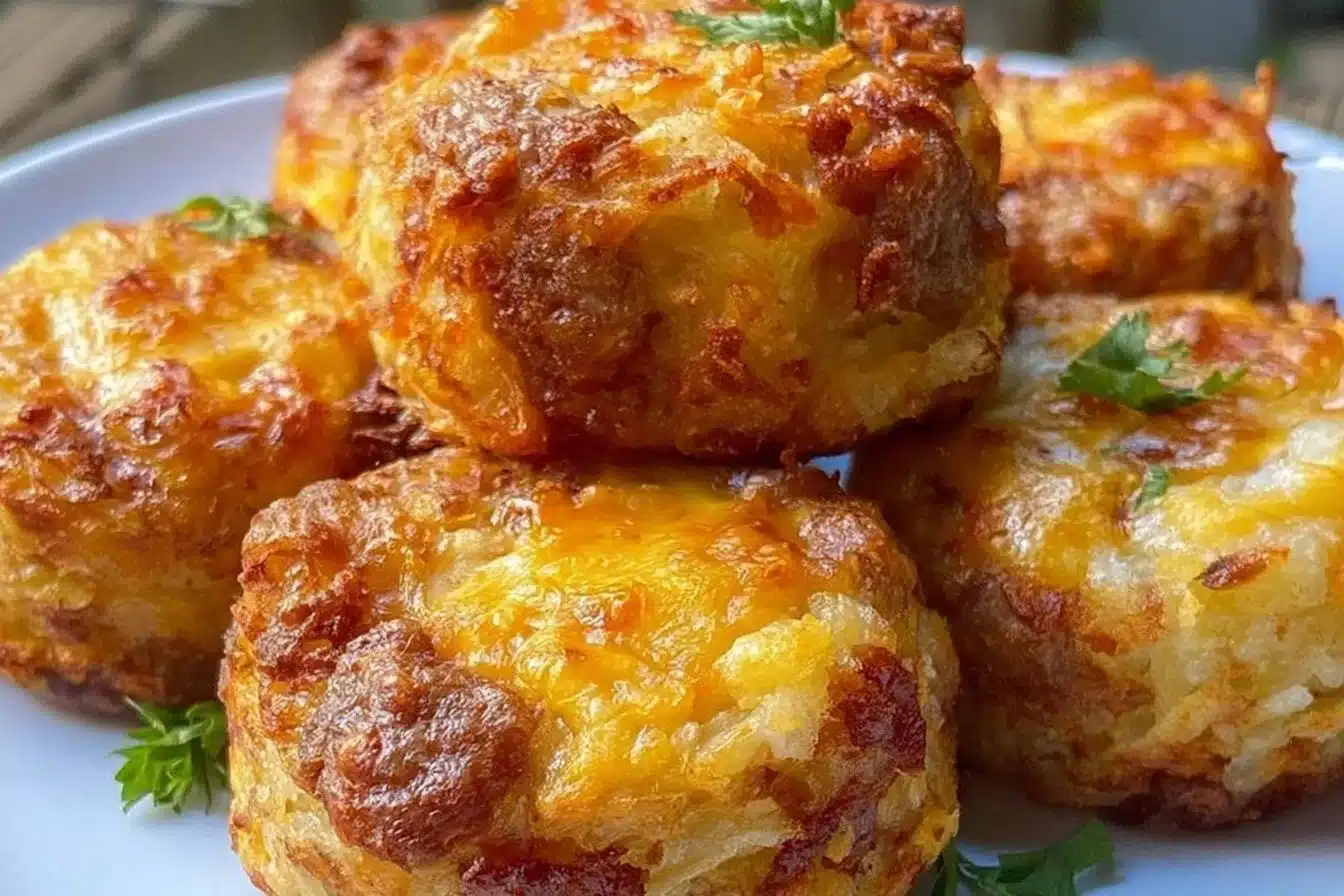 Plate of golden Sausage Hashbrown Bites garnished with herbs