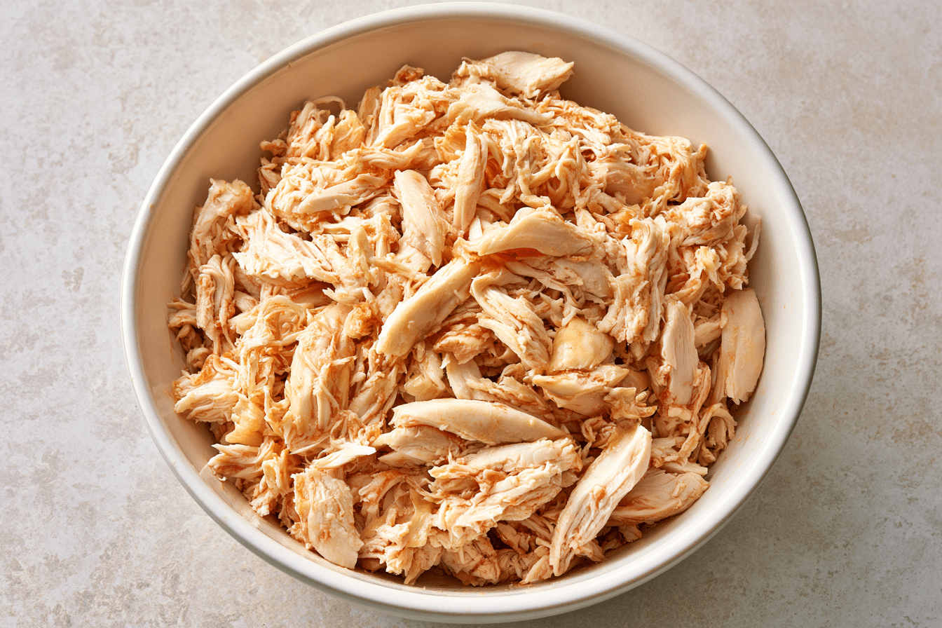 Shredded chicken breast in a bowl, ready for a salad