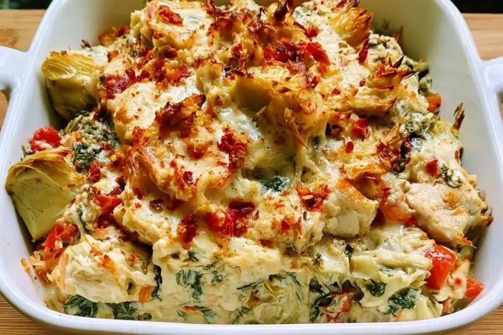 Spinach Artichoke Chicken Casserole Bake served in a white dish
