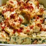 Spinach Artichoke Chicken Casserole Bake served in a white dish