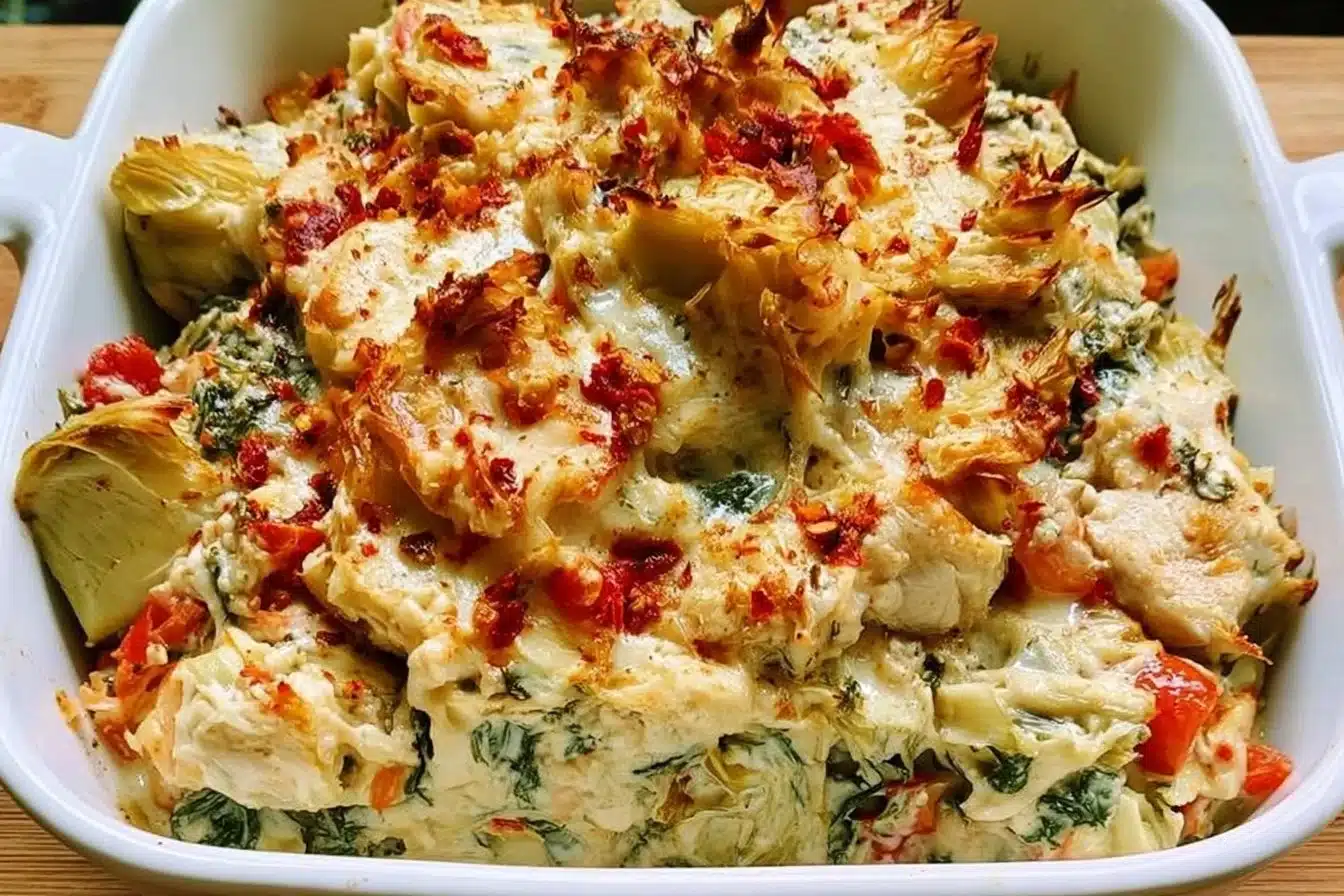 Spinach Artichoke Chicken Casserole Bake served in a white dish
