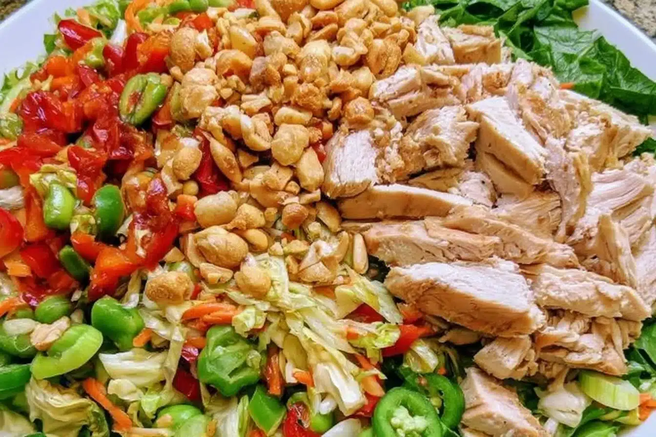 A colorful bowl of Thai Chicken Salad with fresh vegetables and grilled chicken