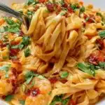 Bowl of Thai Red Curry Noodles topped with fresh herbs and vegetables