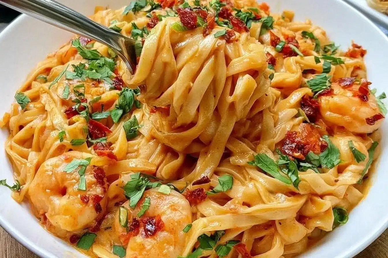 Bowl of Thai Red Curry Noodles topped with fresh herbs and vegetables