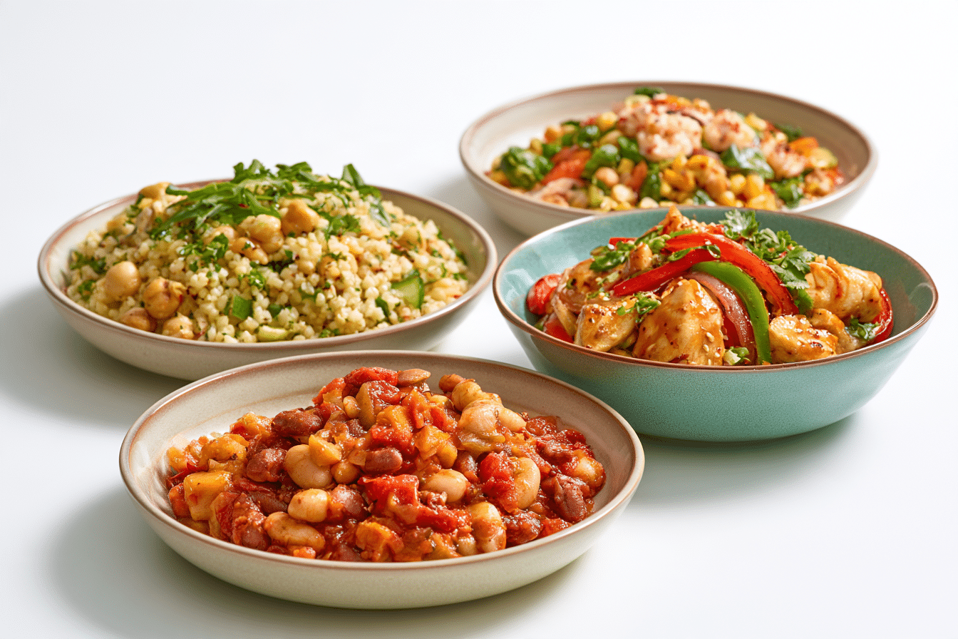 Three distinct gluten-free meal combinations, each in its own serving dish, showcasing Mediterranean, Tex-Mex, and Asian influences.