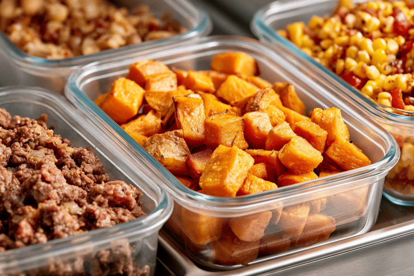 Various meal prep containers filled with components of the beef and sweet potato bowl, neatly organized in a refrigerator. One container has seasoned beef, another has roasted sweet potato cubes, and a third has the corn topping.