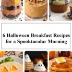 Spooky Halloween breakfast spread with themed dishes and decorations.