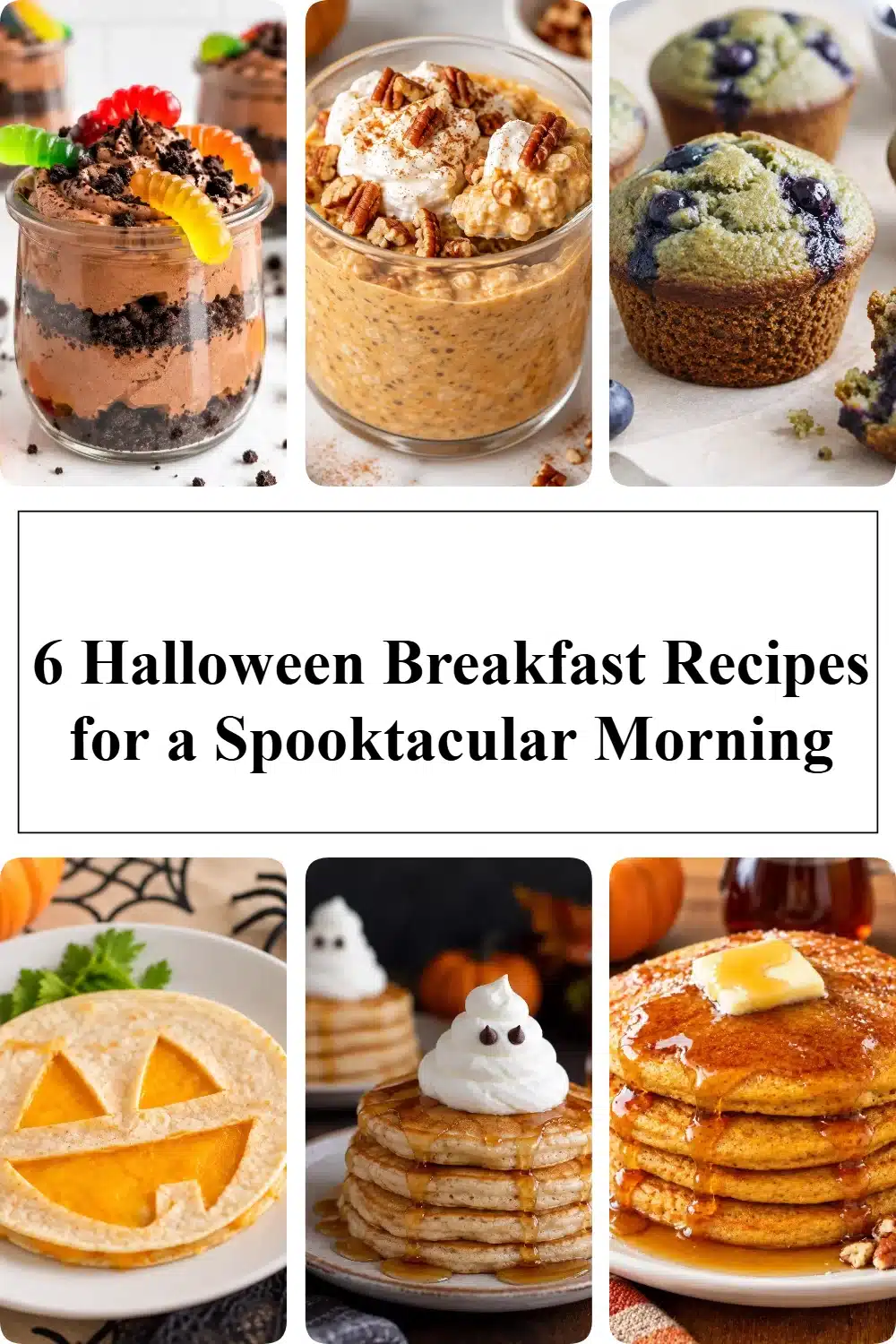 Spooky Halloween breakfast spread with themed dishes and decorations.
