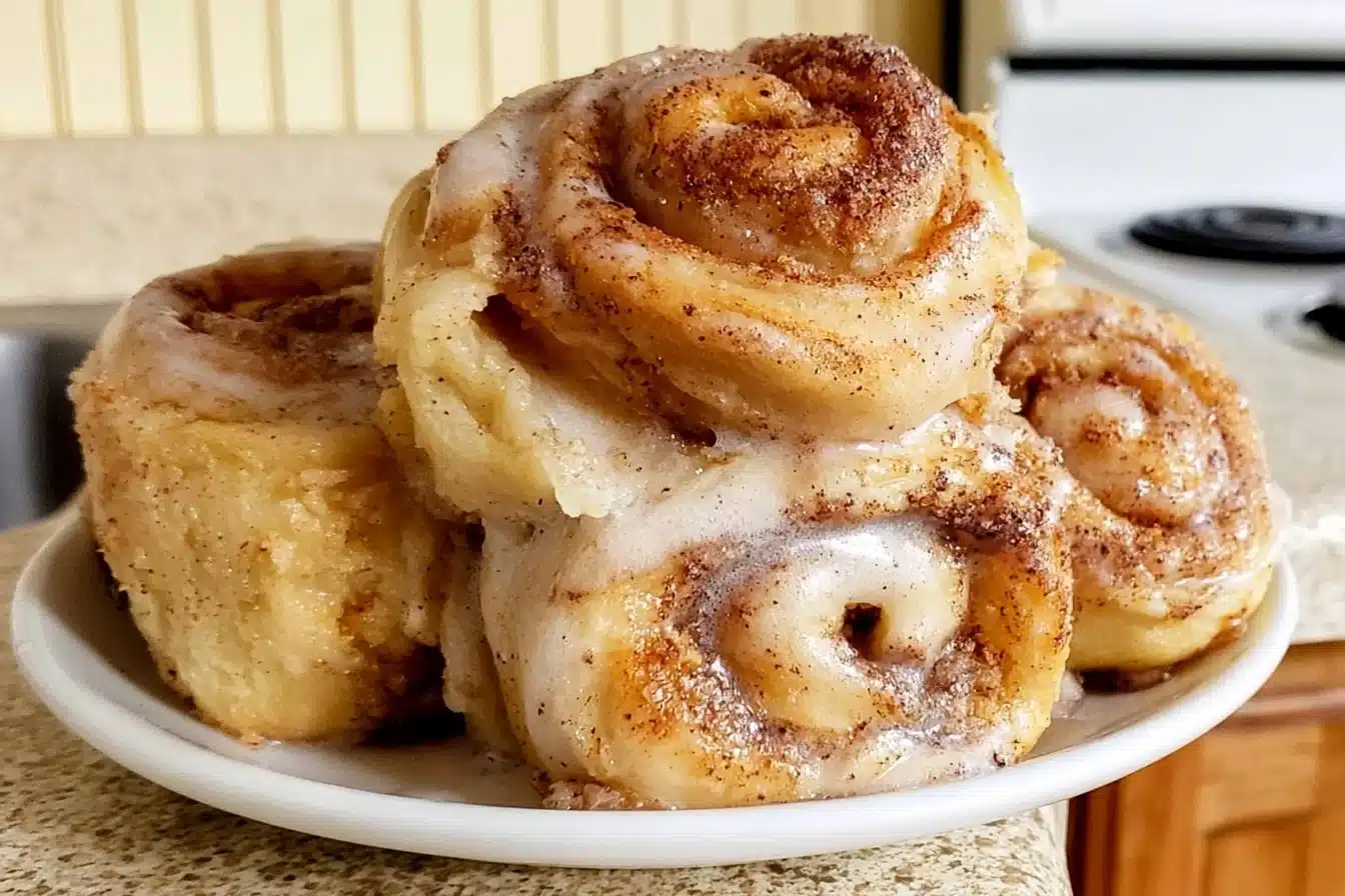Freshly baked gluten free cinnamon rolls on a wooden table