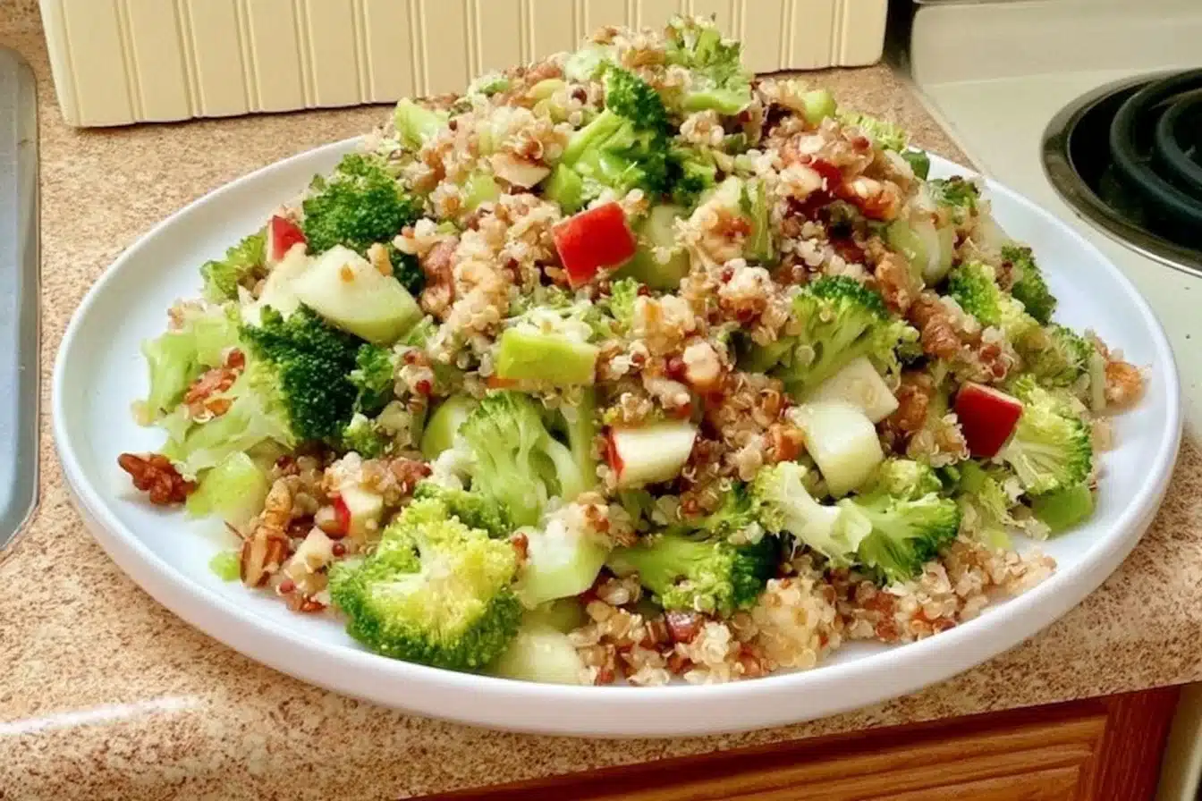 Delicious broccoli apple quinoa salad served in a bowl
