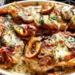 Cheesy baked chicken topped with mushrooms, garnished for flavor.