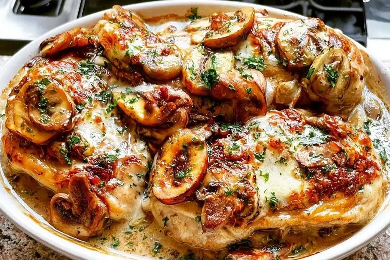 Cheesy baked chicken topped with mushrooms, garnished for flavor.
