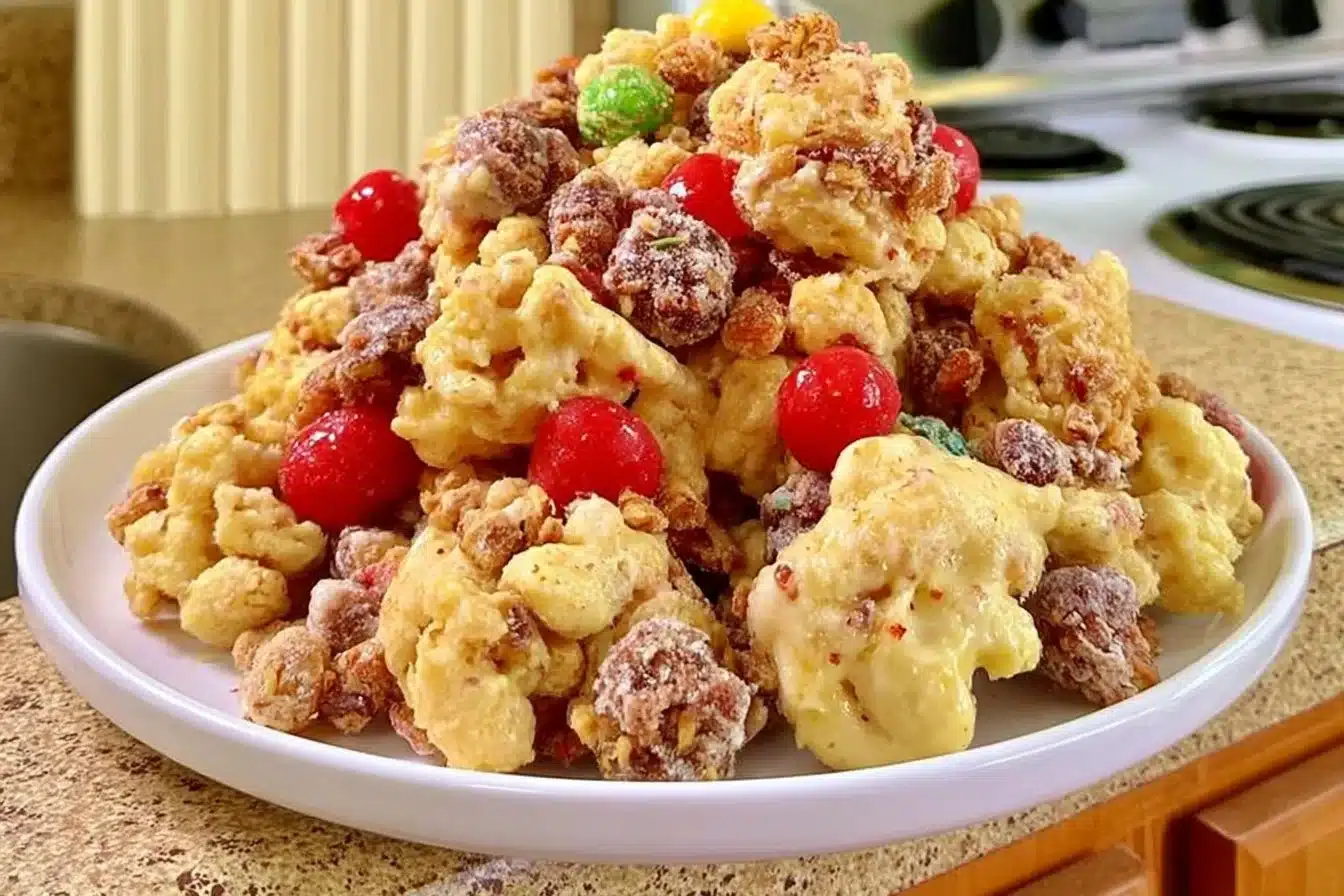 A colorful bowl of Christmas Crunch festive snack mix with holiday decorations.