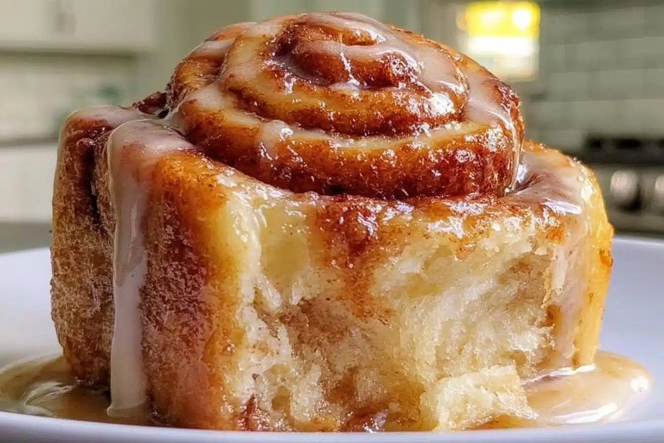 Delicious Cinnabon cinnamon roll cake with creamy frosting on a rustic wooden table.