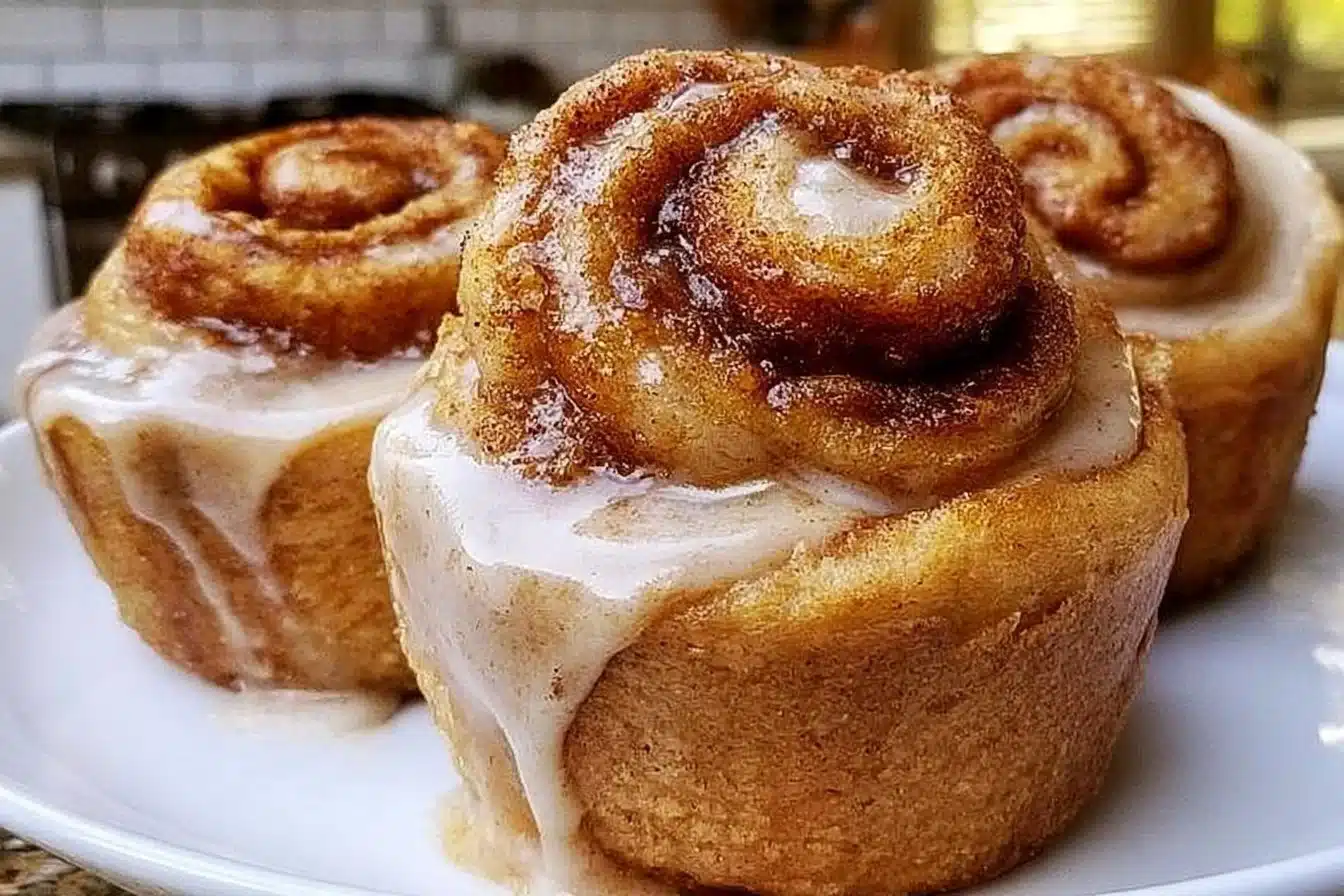 Cozy pumpkin cinnamon roll muffins fresh out of the oven, topped with icing.