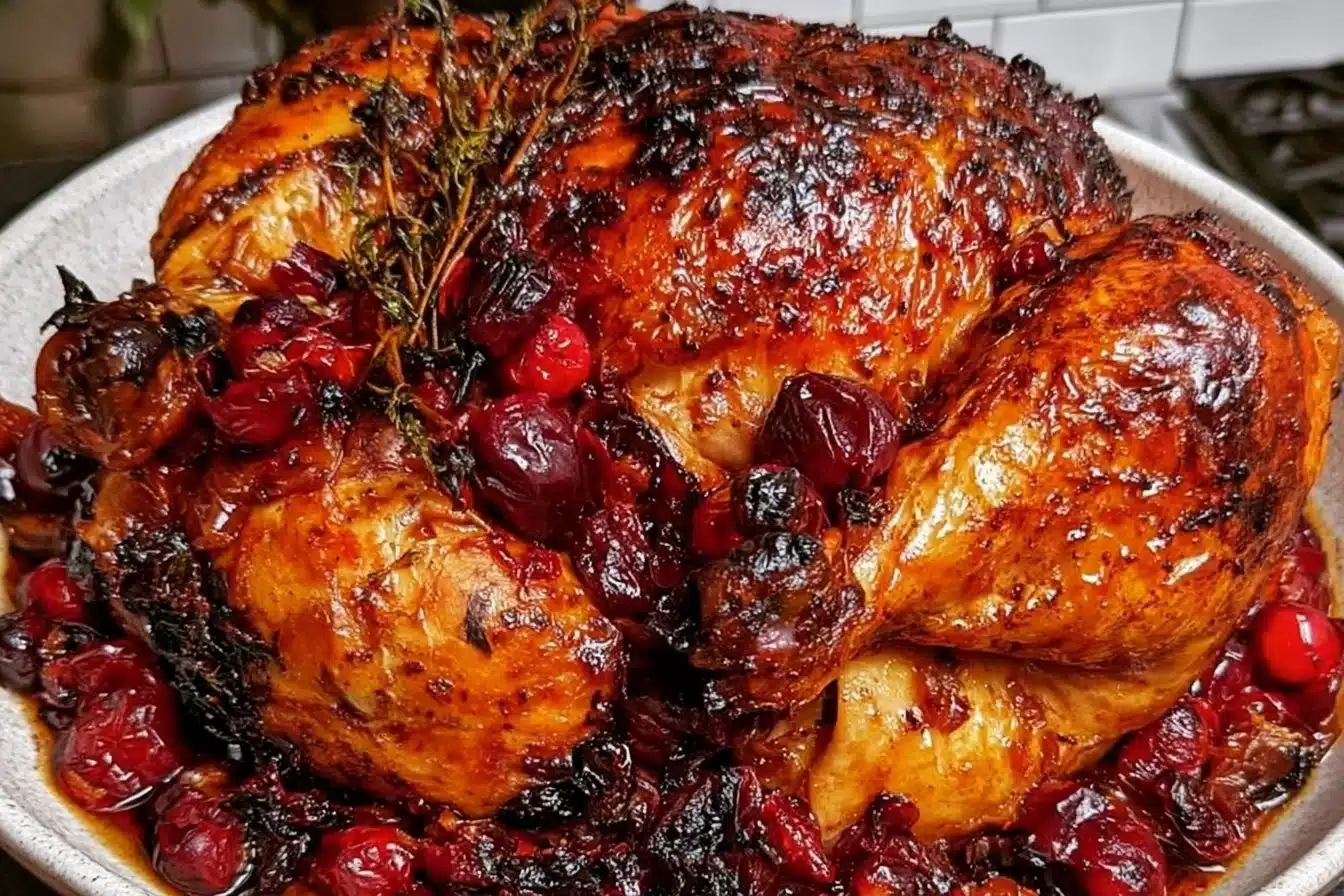 Cranberry maple roast chicken served with vegetables, perfect for an easy dinner.