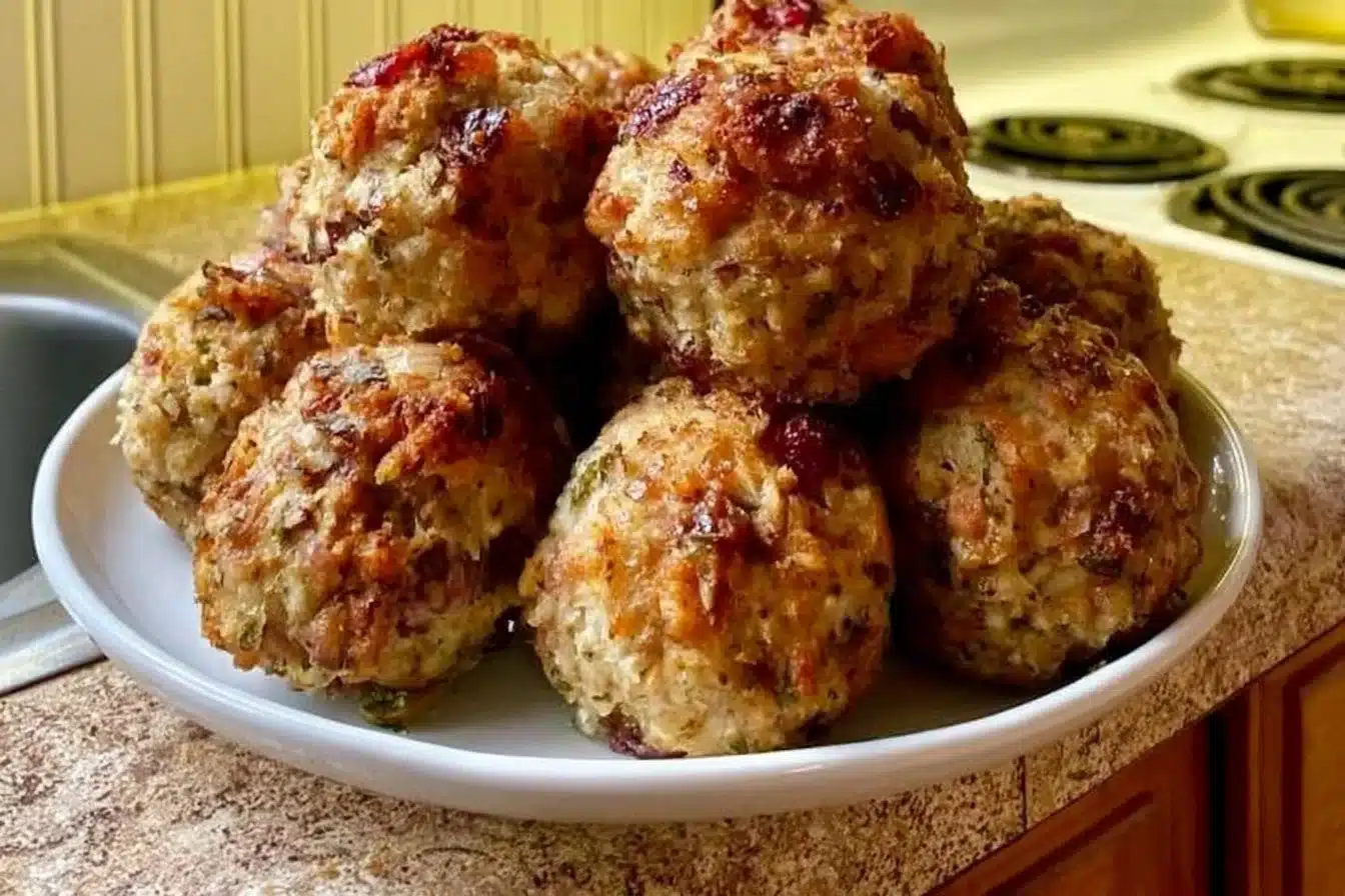 Cranberry Turkey Stuffing Balls on a plate, ready to serve for dinner.