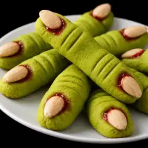 Glutenfreie Witch Finger Cookies with almond nails and strawberry jam for Halloween.