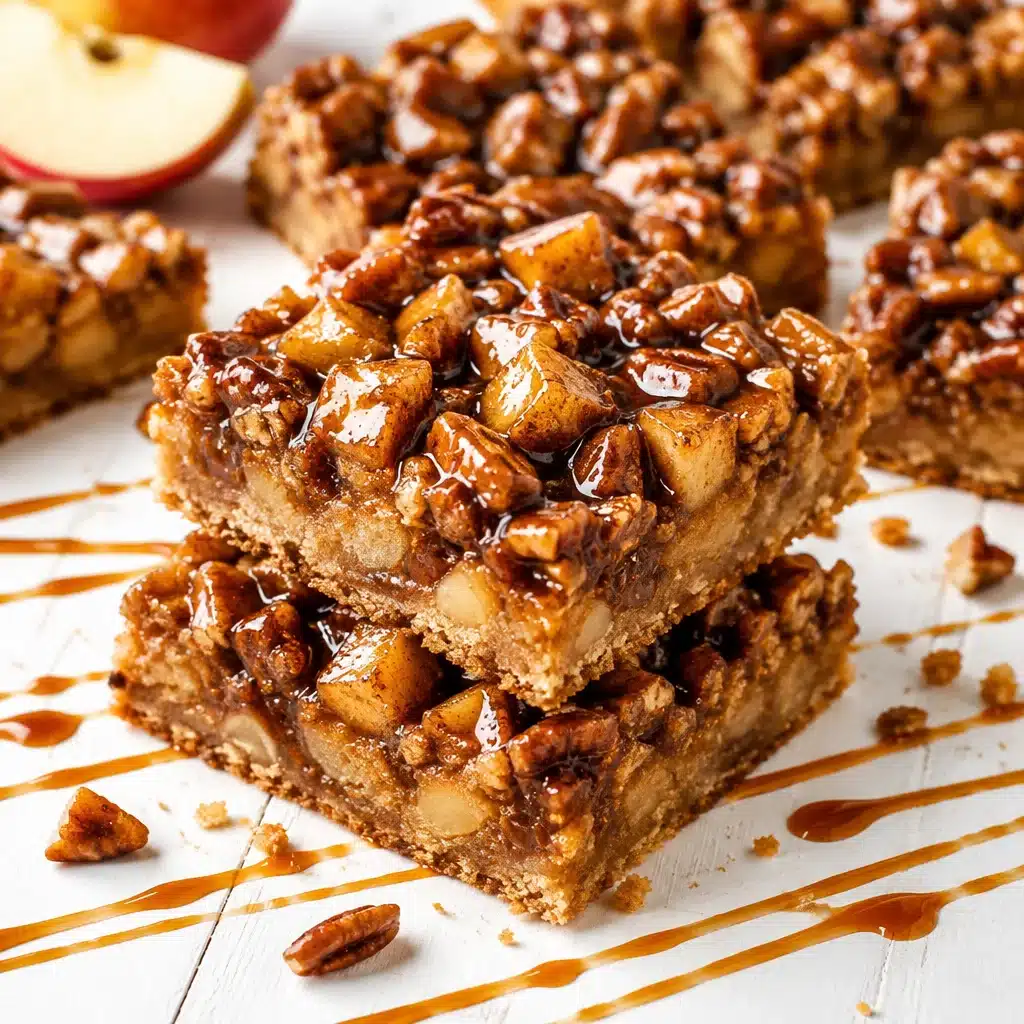 Glutenfreie Caramel Apple Blondies topped with caramel glaze and pecans.