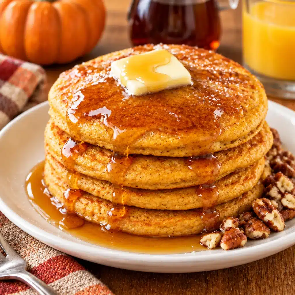 Delicious glutenfreie pumpkin pancakes topped with maple syrup and spices.