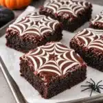 Fudgy Glutenfreie Spiderweb Brownies topped with chocolate ganache and white chocolate webs