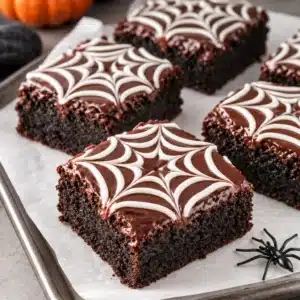 Fudgy Glutenfreie Spiderweb Brownies topped with chocolate ganache and white chocolate webs