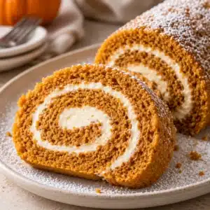 Glutenfreie Pumpkin Roll with cream cheese frosting on a rustic wooden table.