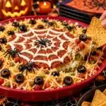Glutenfreie Spiderweb Taco Dip Bowl topped with a sour cream spider web design.