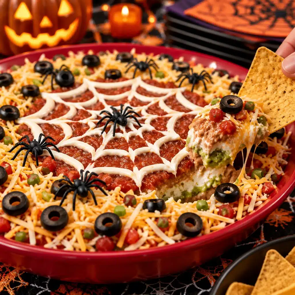 Glutenfreie Spiderweb Taco Dip Bowl topped with a sour cream spider web design.