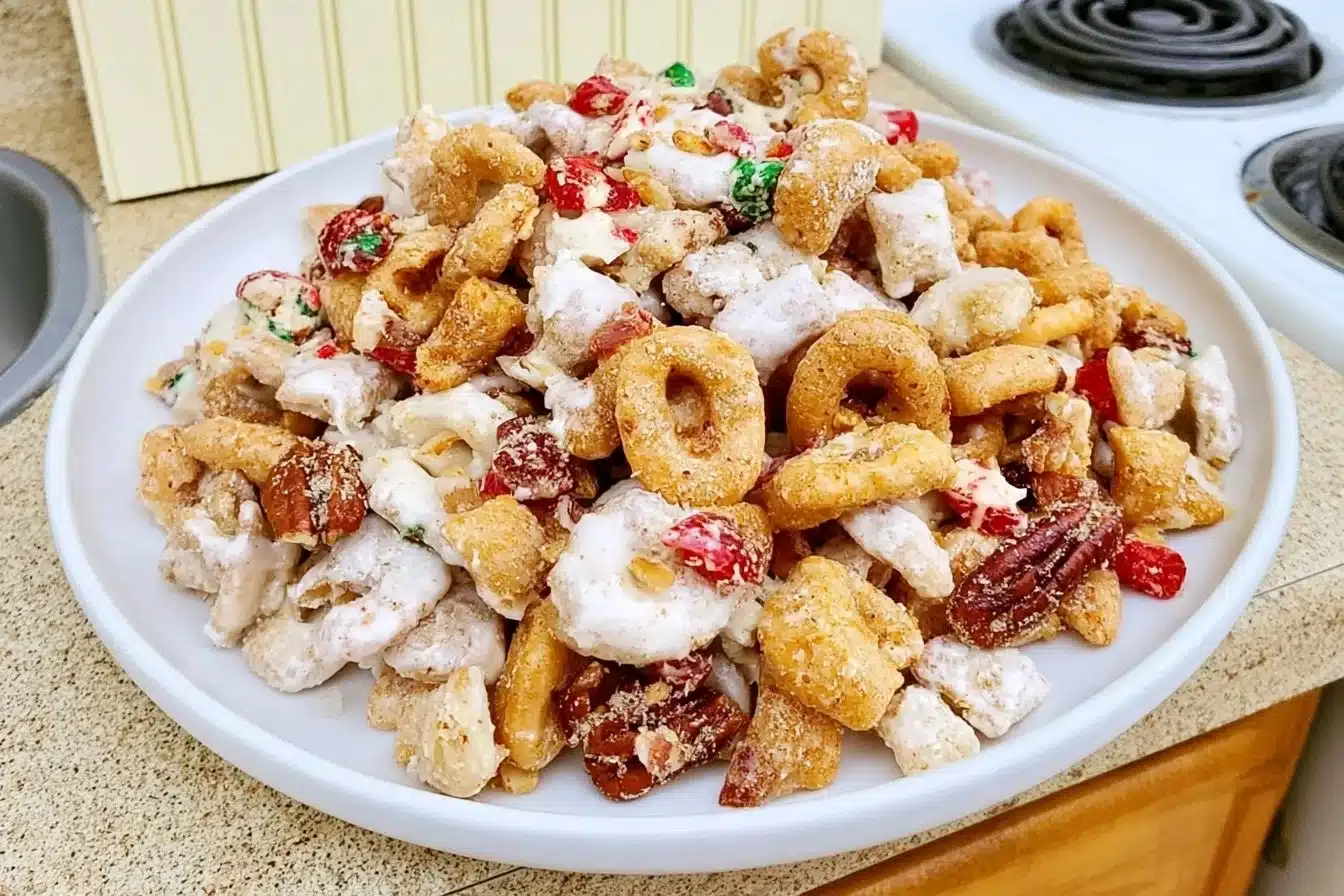 Easy Gluten-Free Christmas Chex Mix in a festive bowl