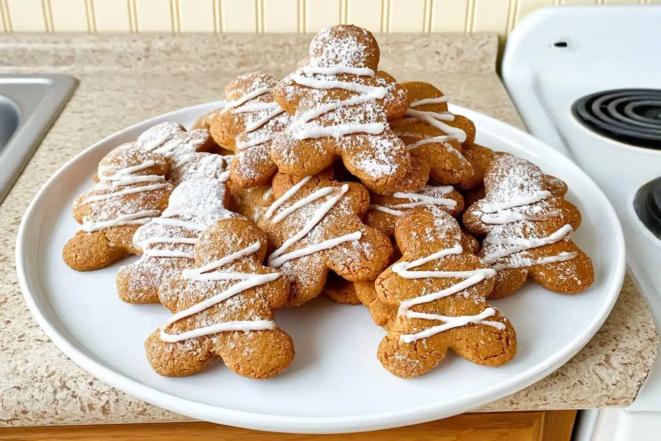 Plate of easy gluten free gingerbread cookies decorated with icing.