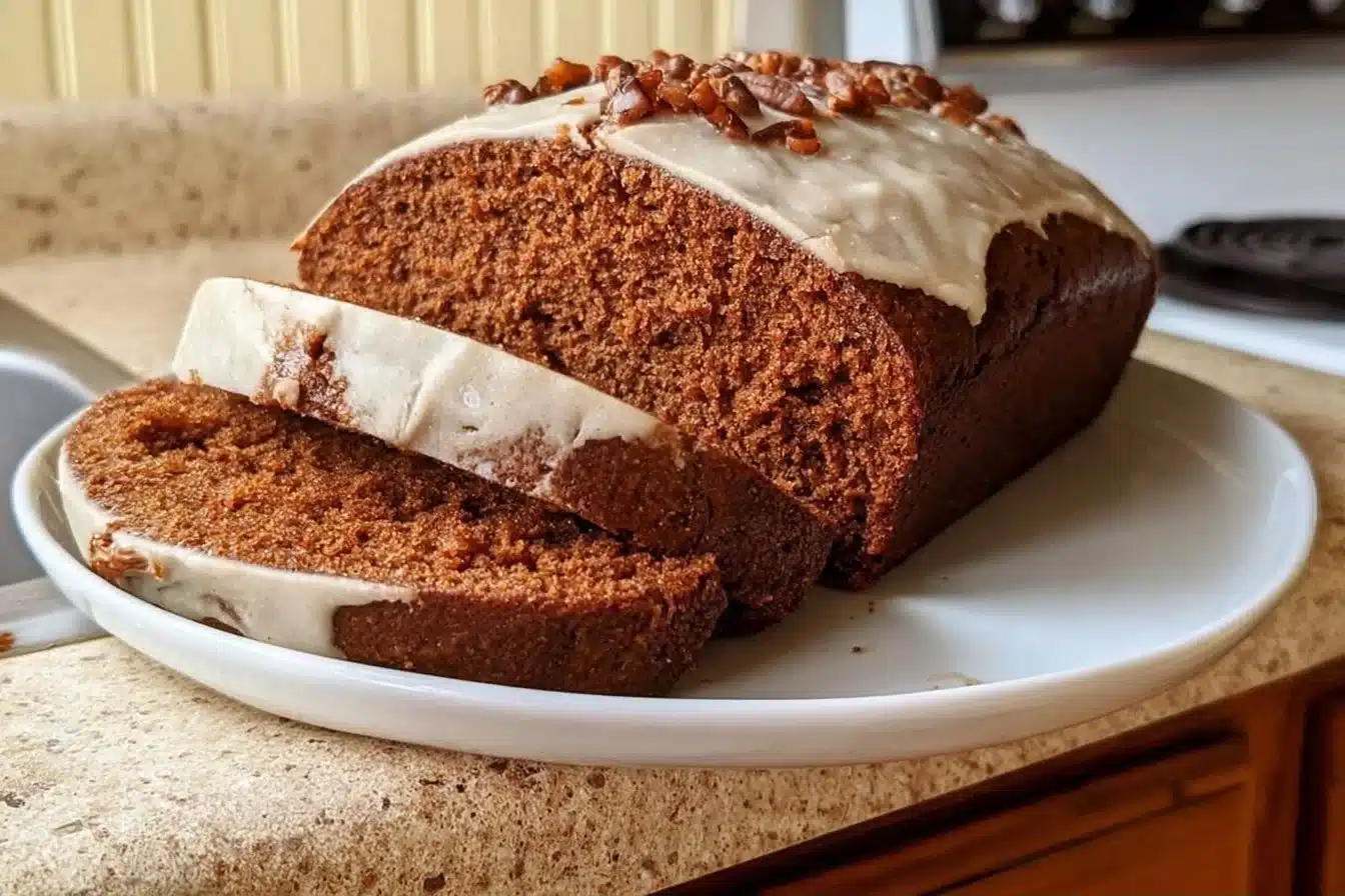 Gluten-free gingerbread loaf freshly baked and sliced.
