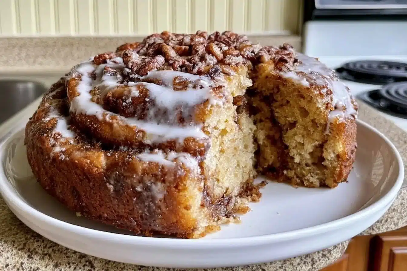 Gluten-free cinnamon roll coffee cake with swirls of cinnamon and icing on top.