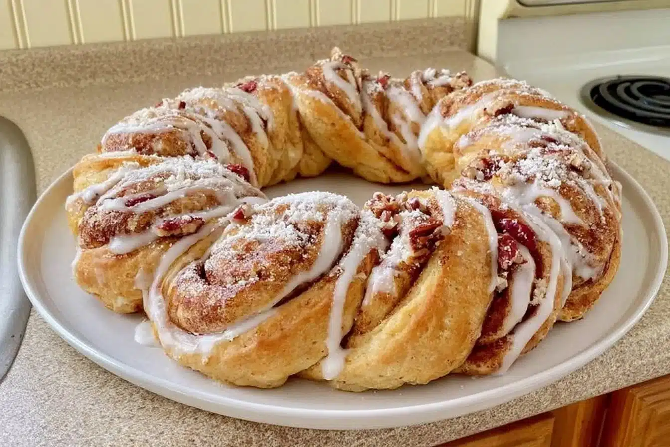 Delicious gluten-free cinnamon roll wreath served as a festive dessert.