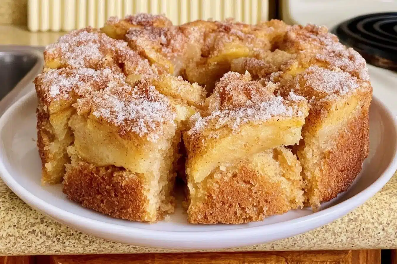 Delicious gluten-free cinnamon sugar apple cake served on a festive plate
