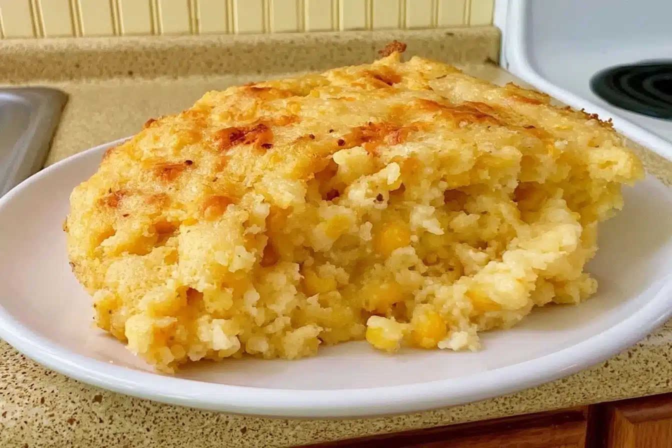 Gluten-free corn casserole served in a dish with fresh herbs on top
