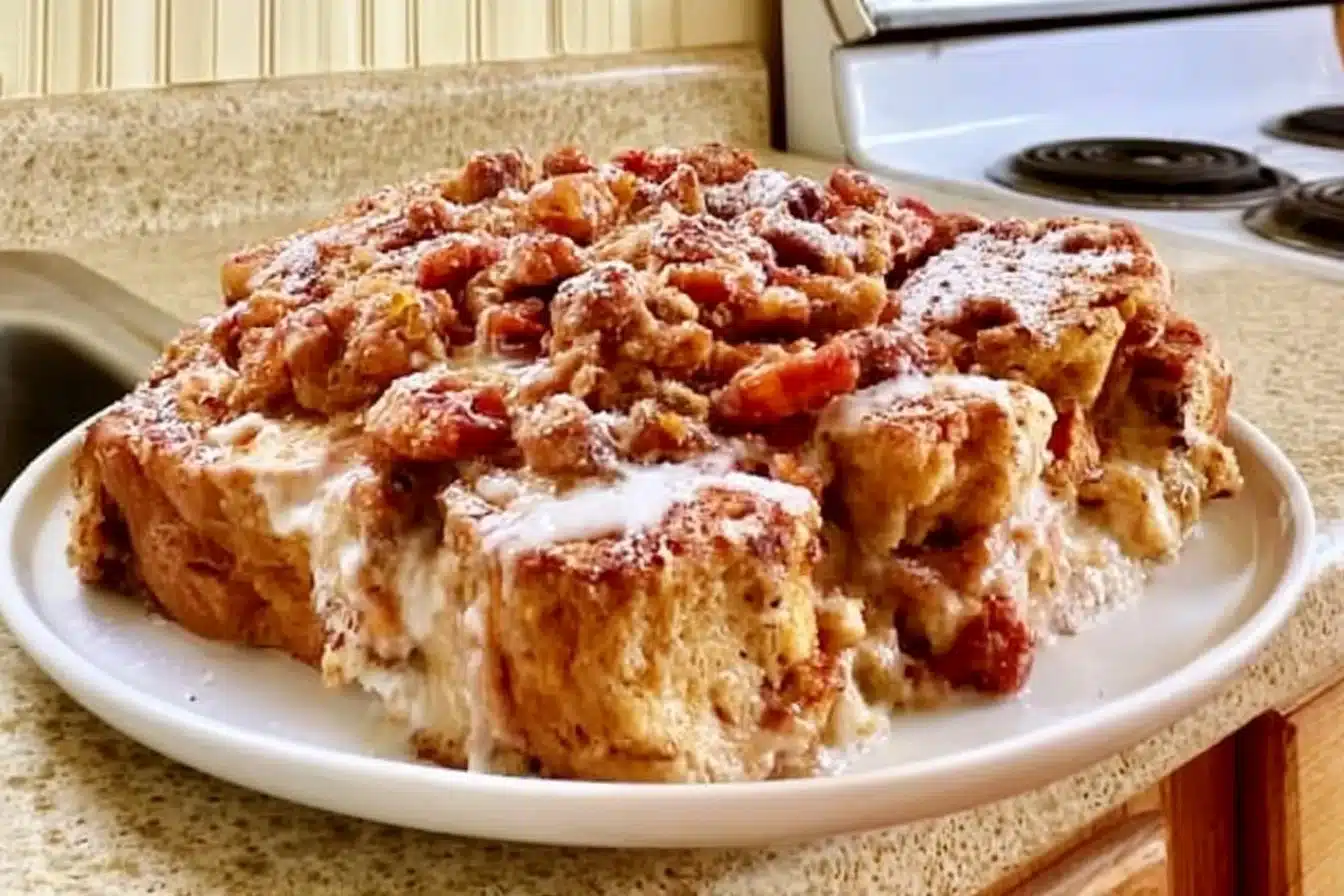 Gluten-Free French Toast Casserole baked in a dish, topped with powdered sugar.