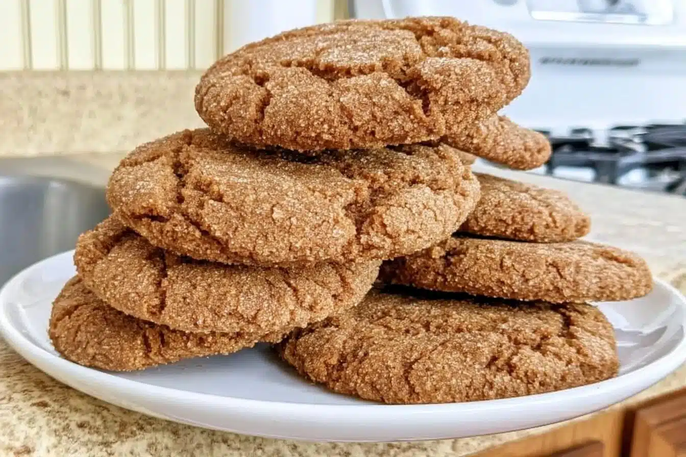 Gluten-free ginger cookies on a plate, topped with a sprinkle of sugar