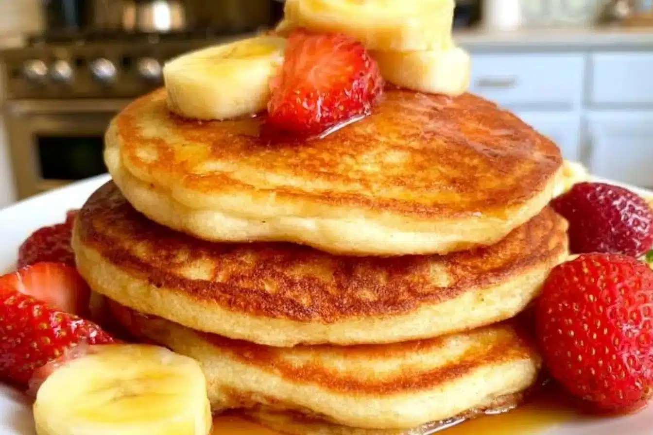 Stack of fluffy gluten-free pancakes topped with fresh berries and syrup