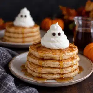 Delicious Glutenfreie Ghost Pancakes served with spooky decorations for Halloween.