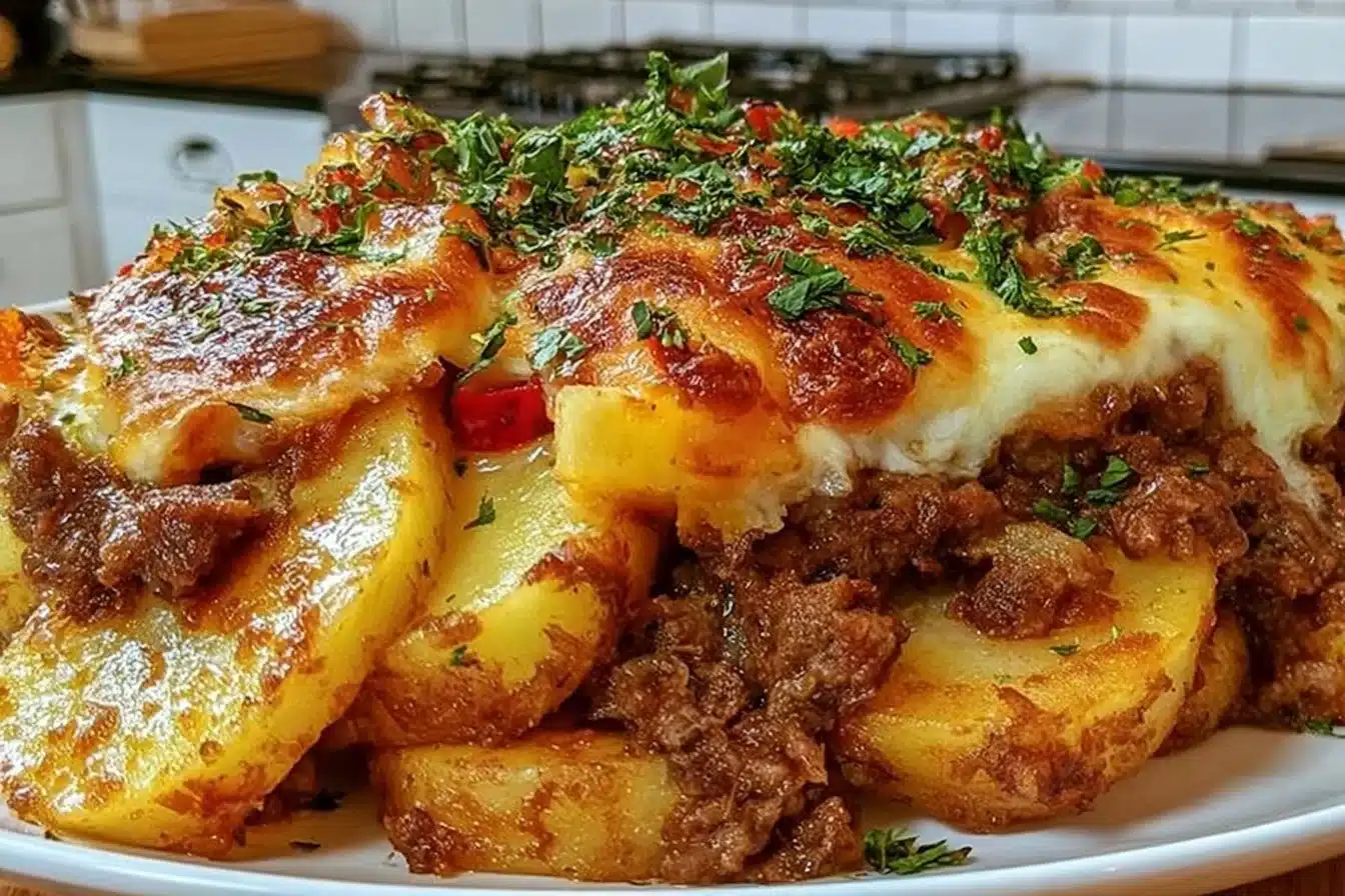 Healthy Loaded Beef and Potato Bake served in a ceramic dish