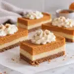 Delicious glutenfreie Pumpkin Cheesecake Bars with a creamy topping and graham cracker crust.