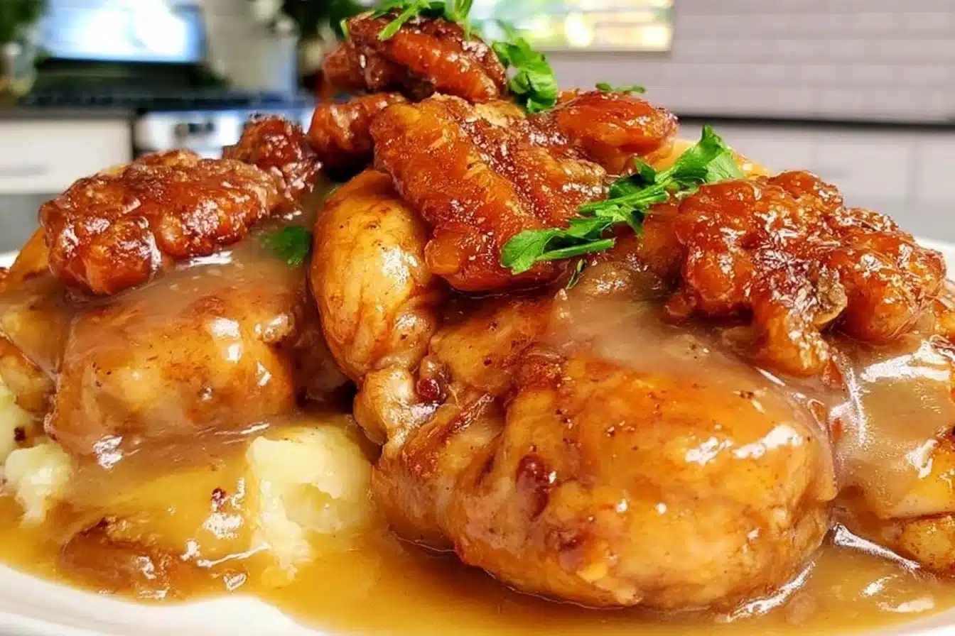 Maple Bourbon Pecan Chicken served with a side of vegetables