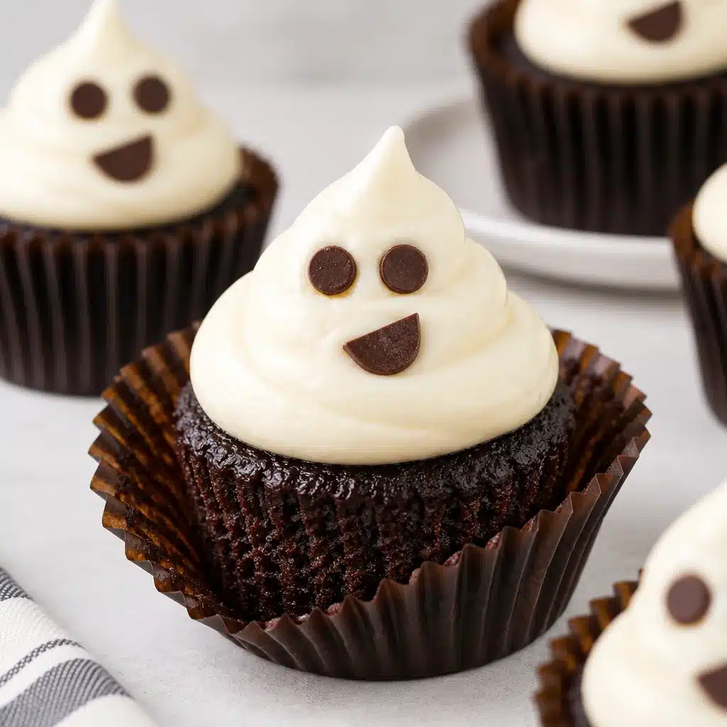 Glutenfreie Ghost Cupcakes decorated with cream cheese frosting for Halloween.