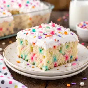 Glutenfreie Halloween Funfetti Poke Cake topped with whipped cream and colorful sprinkles.