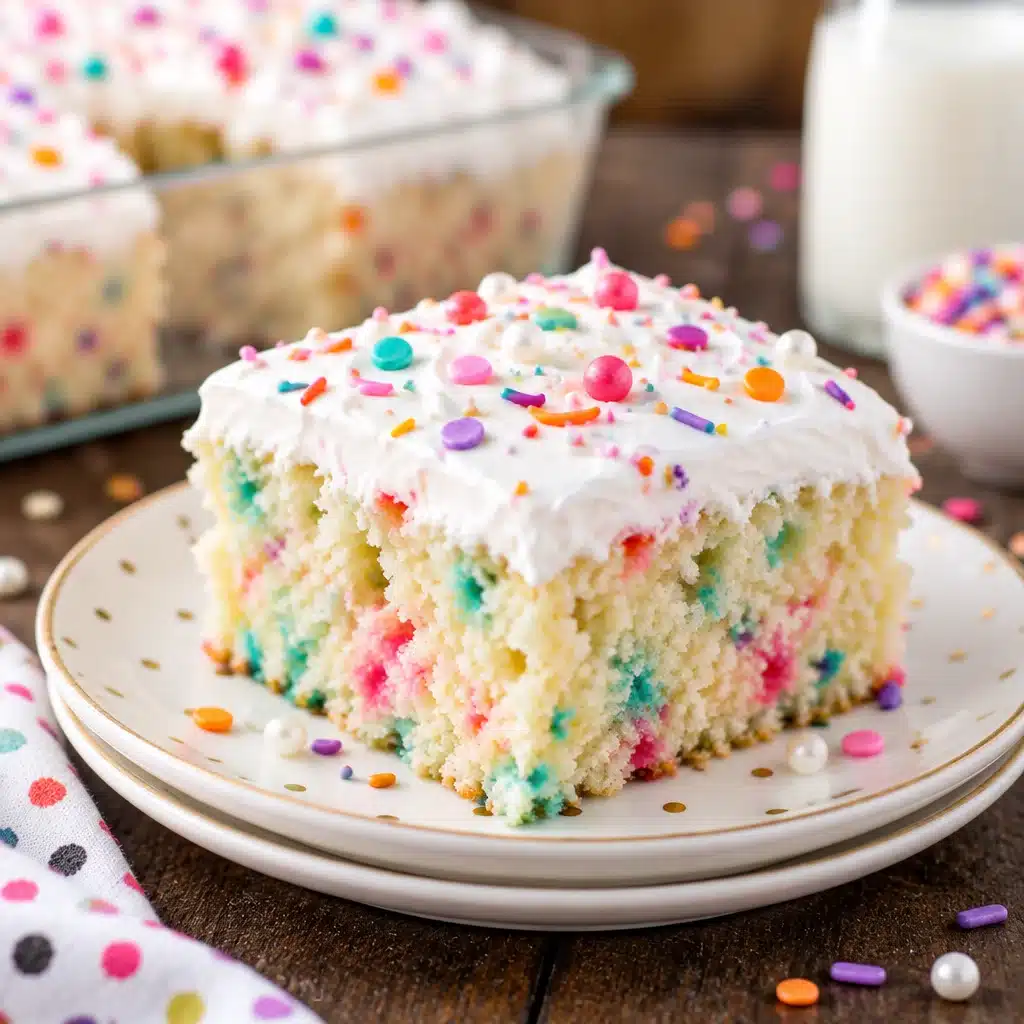 Glutenfreie Halloween Funfetti Poke Cake topped with whipped cream and colorful sprinkles.