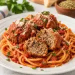 Glutenfreie Mummy Meatballs served on a spooky Halloween themed plate.