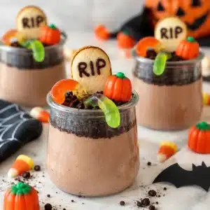 Glutenfreie Graveyard Dirt Cups decorated with edible tombstones and worms.